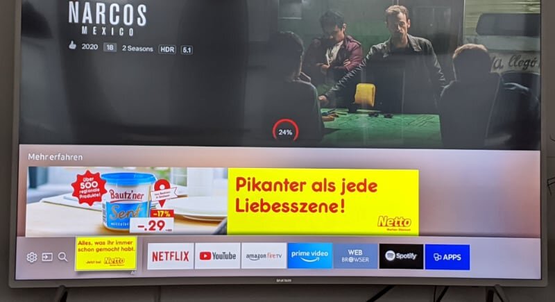 I takto se na smart TV zobrazuje reklamní banner. Při zadání reklamy přes Real Time Bidding si můžete dokonce pojistit to, že ji divák opravdu uvidí. Ukázka reklamního banneru na smart TV