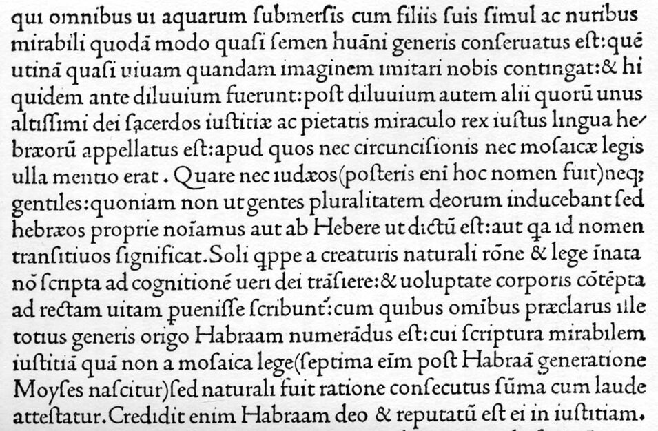 Ukázka patkového fontu Nicholase Jensona, v moderní době je na tomto fontu založený například font Centaur (Bruce Rogers, 1914).