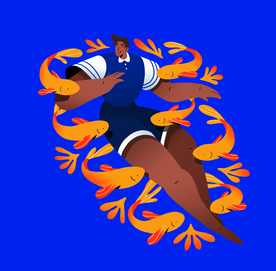 Ilustrace muže a ryb