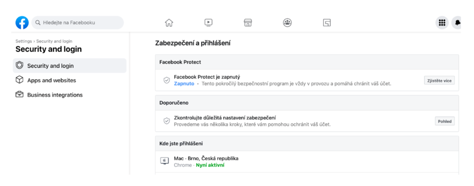 Nastavení a zabezpečení vašeho osobního facebookového účtu naleznete v sekci Settings & privacy > Settings > Security and login.