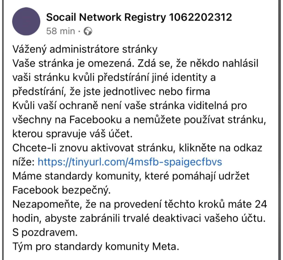 Typická ukázka scamu na Facebooku. Podvodné zprávy často poznáte i podle špatné češtiny.