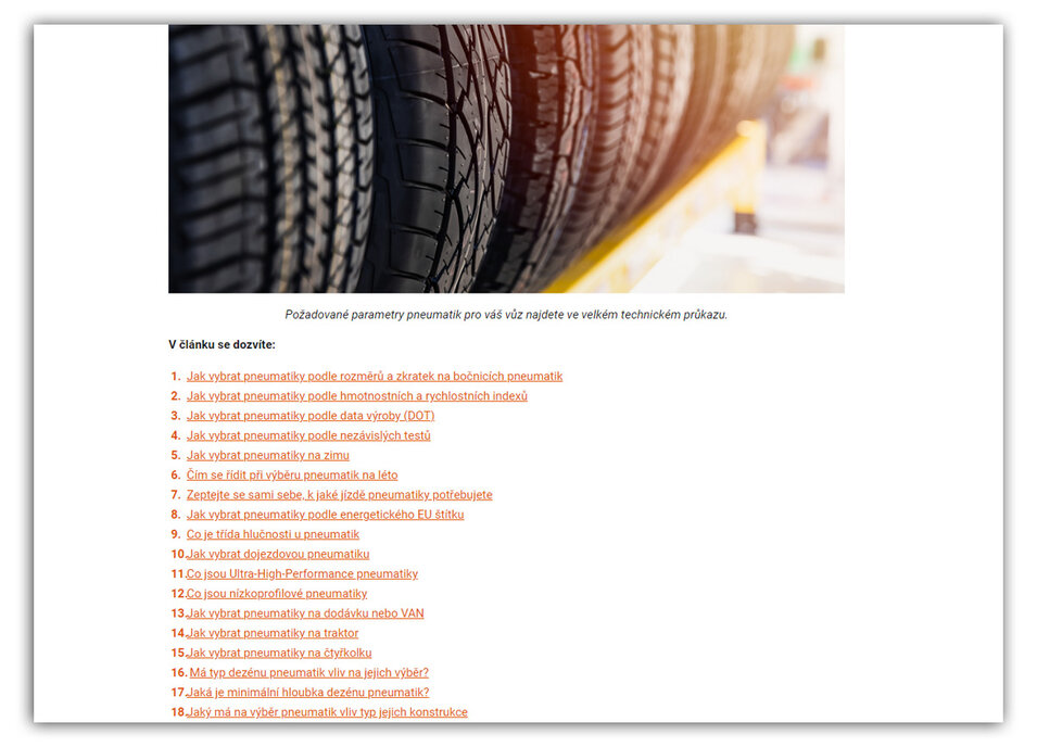 Prvotní článek „Jak vybrat” má takový potenciál, že jsme jej časem rozpracovali do podoby velkého průvodce, který je jakýmsi rozcestníkem do spousty dílčích témat, které výběr pneumatik ovlivňují.
 