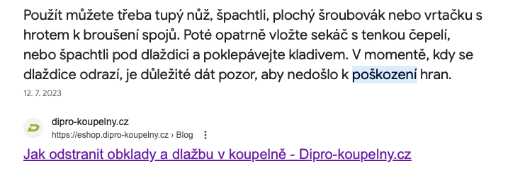 Na vyhledávací dotaz "jak sundat obklady bez poškození" se článek zobrazuje na nulté pozici.