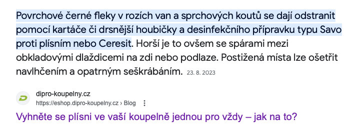 Na vyhledávací dotaz "černé spáry v koupelně" se článek zobrazuje na nulté pozici.