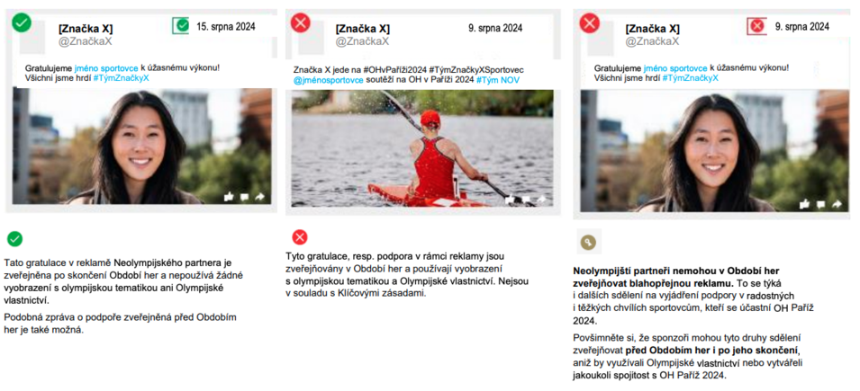 Gratulovat sportovcům k úspěchům na olympijských hrách můžete na firemním účtu pouze po olympijských hrách. Zároveň byste neměli využívat olympijské symboly či jinak odkazovat na olympijskou tématiku.
