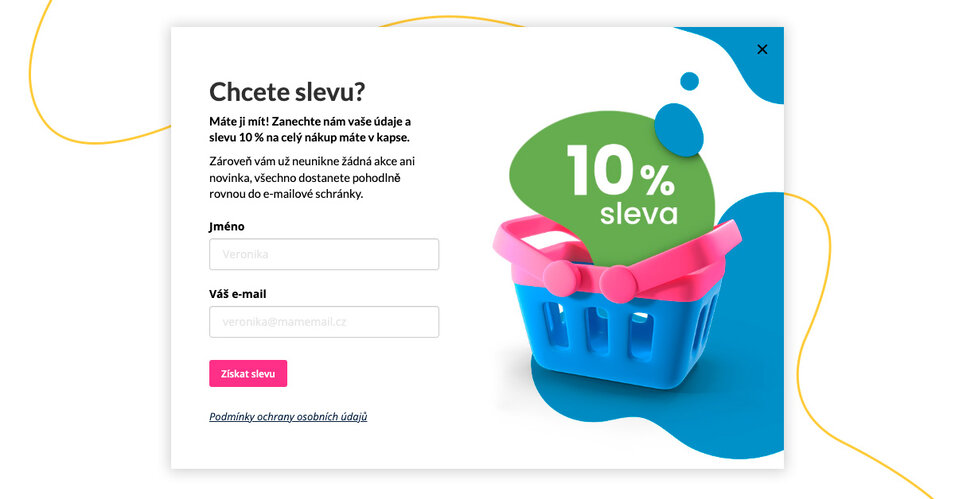 Po rozkliknutí buttonu “Využít akci” v pop-up okně je klient požádán o e-mailovou adresu a jméno výměnou za slevu.